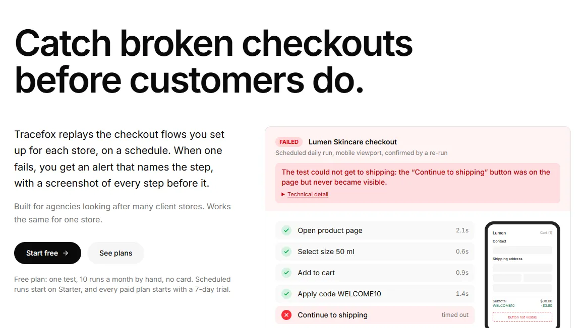 The Tracefox homepage: 'Catch broken checkouts before customers do', next to a sample failed checkout run that names the step that failed